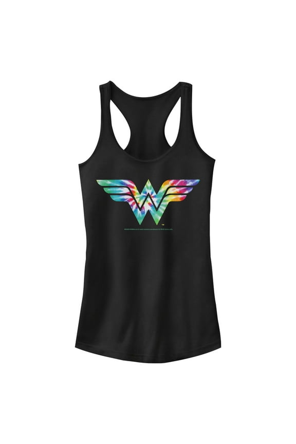 Junior's Wonder Woman Tie Dye Logo Racerback Tank Top Black X Large