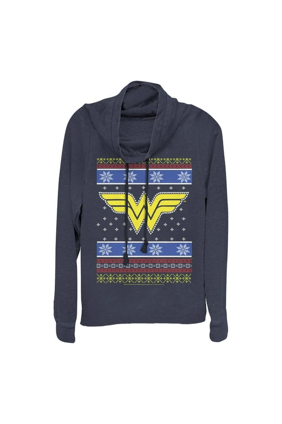 Junior's Wonder Woman Ugly Christmas Sweater Print Logo Cowl Neck Sweatshirt