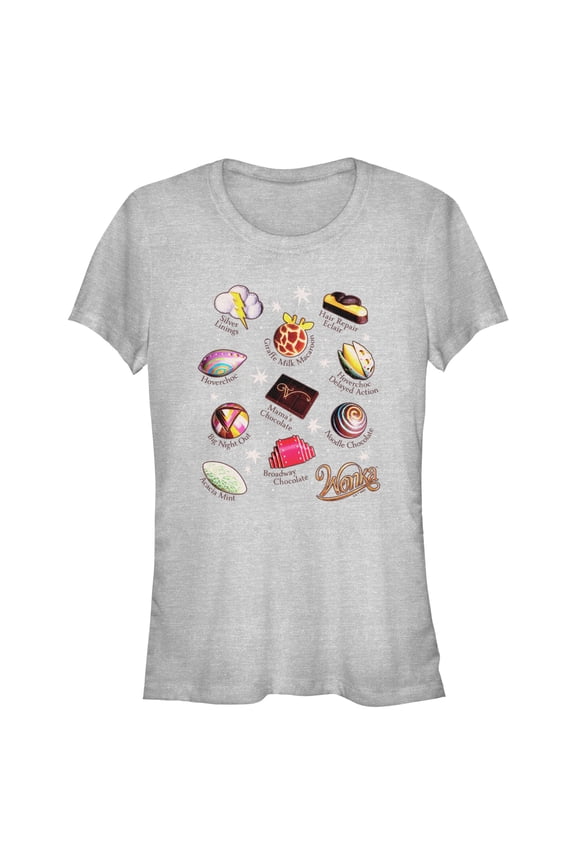 Junior's Wonka Candies and Chocolates Chart Graphic Tee Athletic Heather X Large