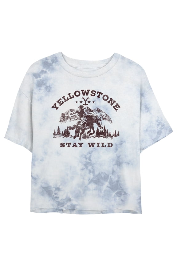 Junior's Yellowstone Distressed Landscape Stay Wild Graphic Crop T-Shirt