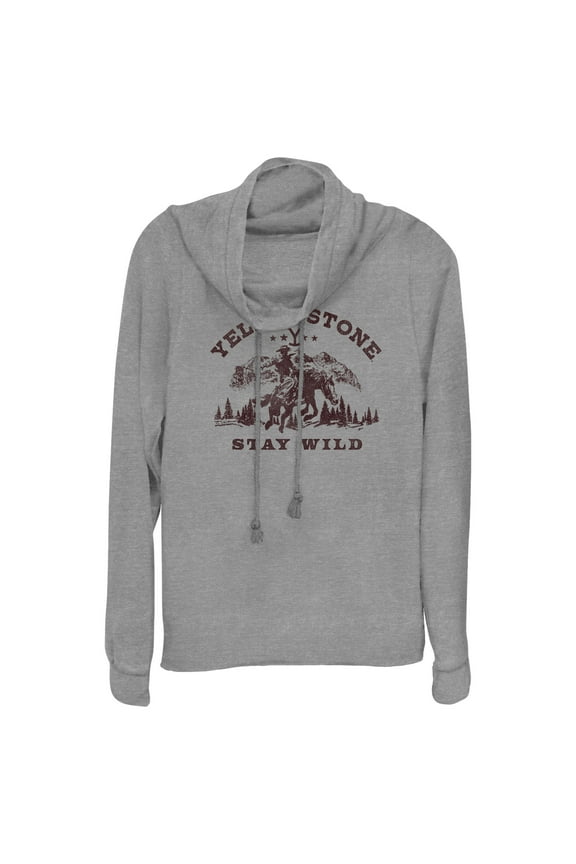 Junior's Yellowstone Distressed Stay Wild Cowl Neck Sweatshirt