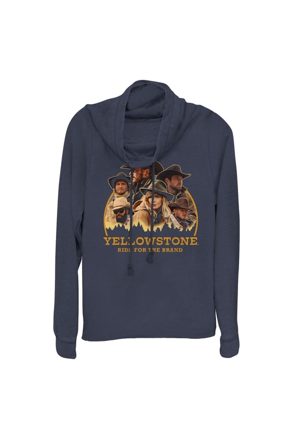 Junior's Yellowstone Ride for the Brand Characters  Cowl Neck Sweatshirt Navy Blue Small