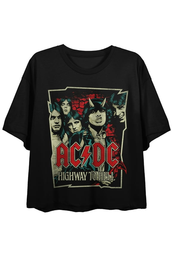 ACDC Group Band Comics Style Frame, Logo, Highway To Hell, on Black Short Sleeve Adult Crop T-Shirt-XS