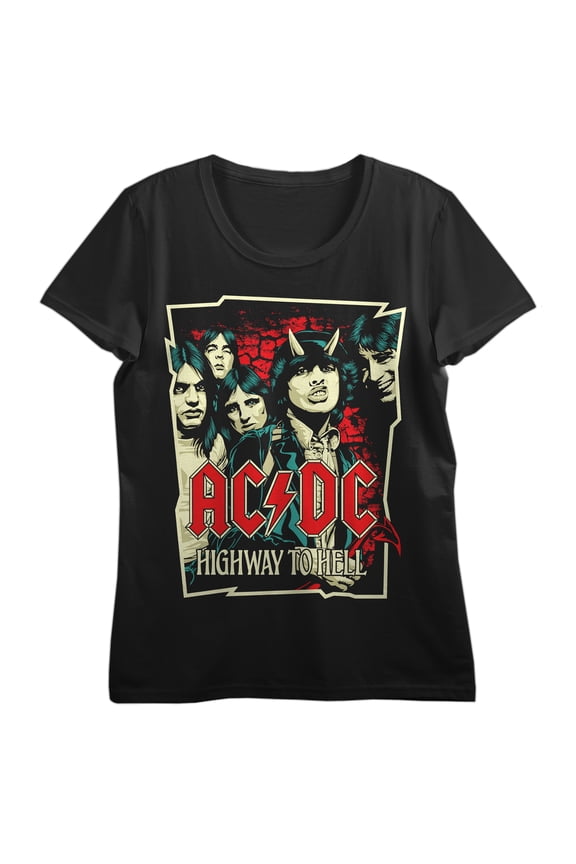 ACDC group band comics style frame, acdc logo and highway to hell at back on Black Short Sleeve Adult T-Shirt-XS