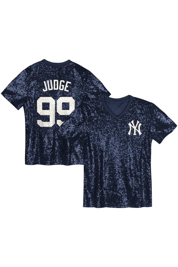 Juniors Aaron Judge Navy New York Yankees Name & Number Sequin V-Neck Top