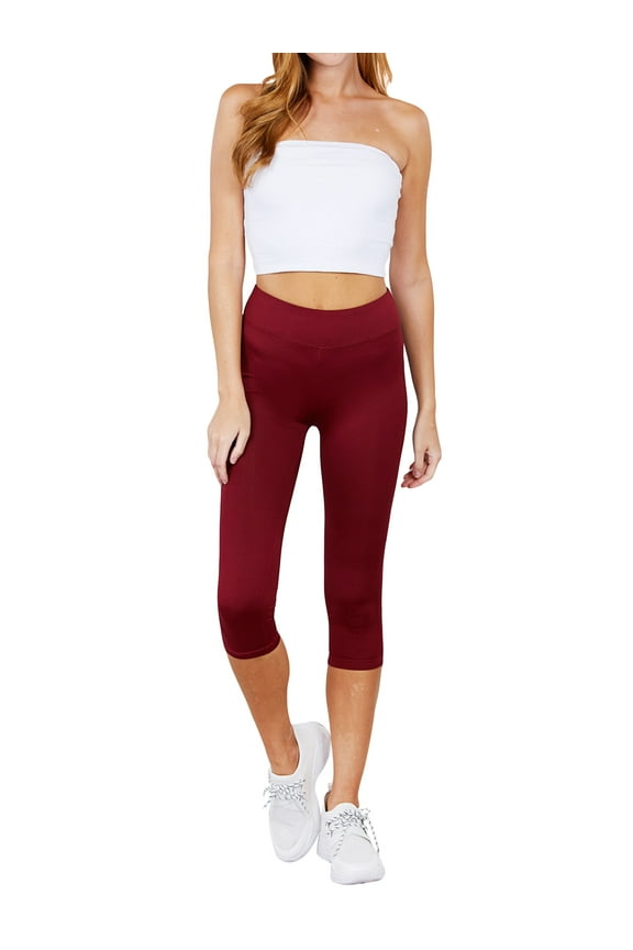 Juniors Active Basic Stretch Capri Length Yoga Workout Leggings (Burgundy, M)