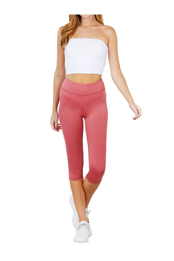 Juniors Active Stretch Capri Length Yoga Workout Leggings with Wide Wastband (Pink, L)