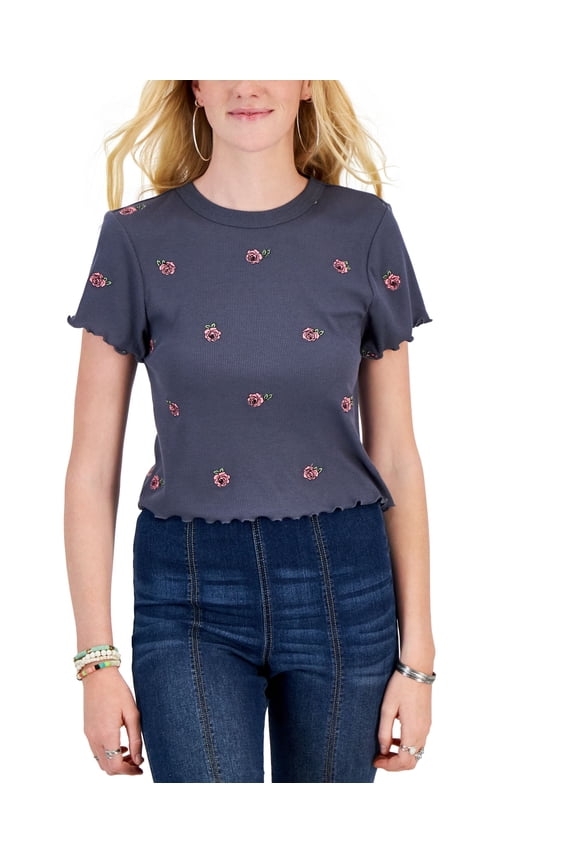 Juniors' All Over Embroidered Lettuce-Hem T-Shirt Black Rose S
