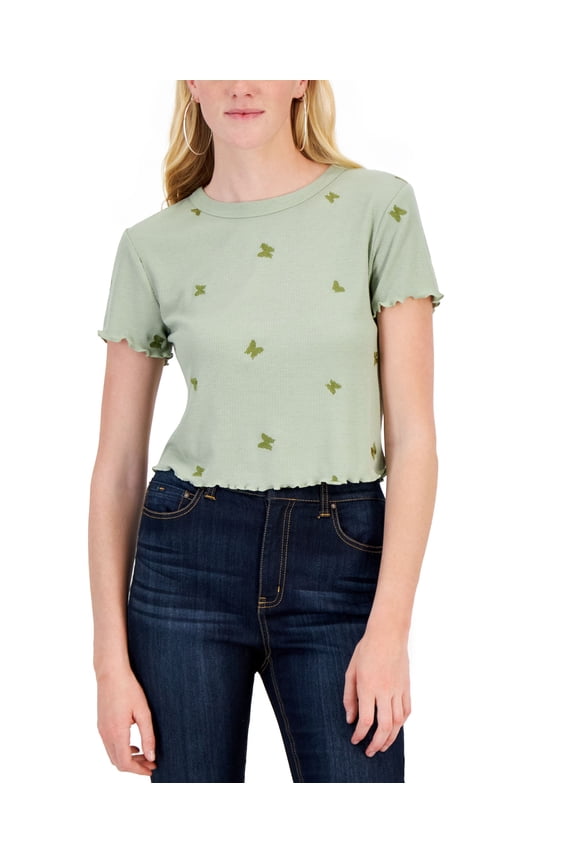 Juniors' All Over Embroidered Lettuce-Hem T-Shirt Olive Butterfly M