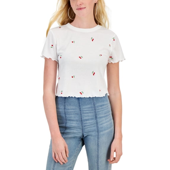 Juniors' All Over Embroidered Lettuce-Hem T-Shirt White Cherries L