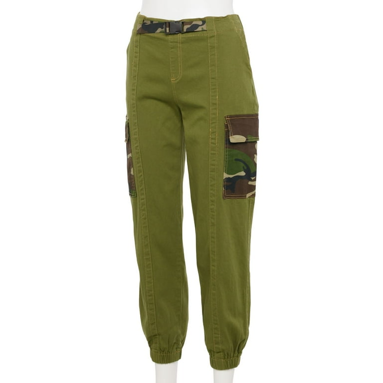 Juniors Almost Famous Cargo Joggers With Nylon Seatbelt Insert Color Olive Combo Size SMALL