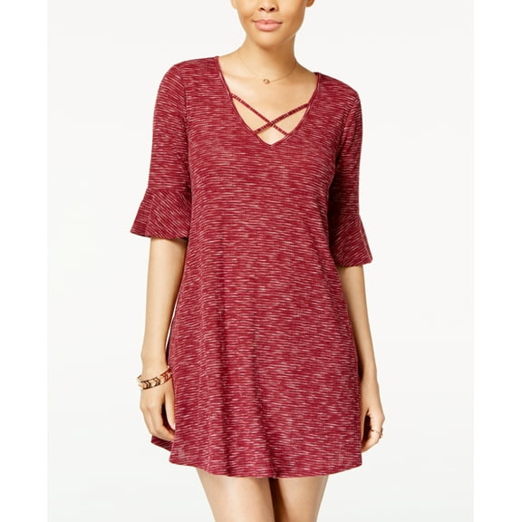 Juniors' Bell-Sleeve Crisscross-Neck Dress Burgundy Red L