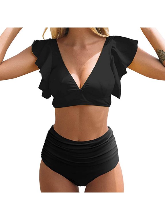 Juniors Bikini Sets Ruffle Cap Sleeve Slim V-Neck Tube Top and Full Coverage Modest Swimwear Bottom