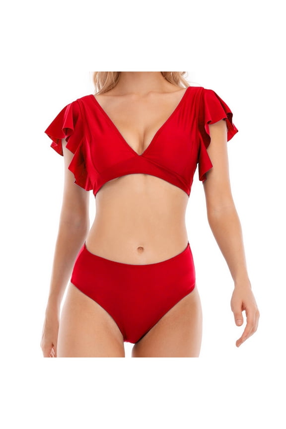Juniors Bikini Sets Ruffle Cap Sleeve Slim V-Neck Tube Top and Full Coverage Modest Swimwear Bottom