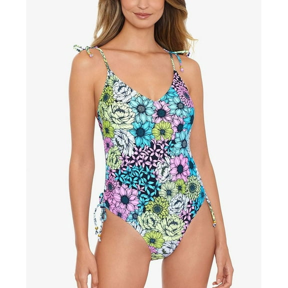 Juniors' Blossomed Side-Shirred One-Piece Swimsuit With Shoulder Ties Multi S