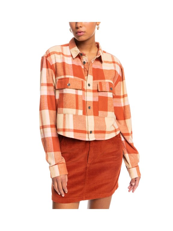 Juniors' Both Ways Cotton Plaid Cropped Shirt Beige Checkin In L