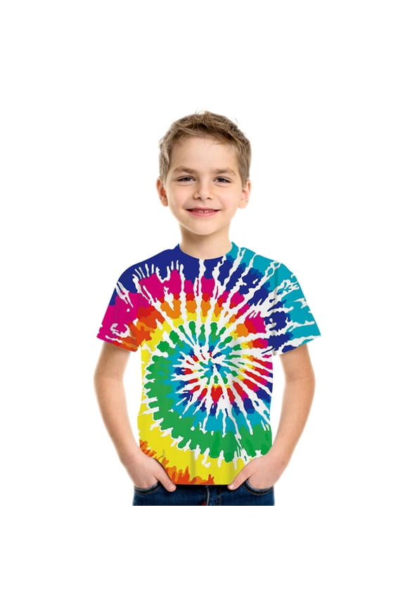 Juniors Boys Shirts & Tops Summer Tie Dye Print Round Neck Short Sleeve Casual Pullover Tops Sportwear,Multicolor,6-8 Years