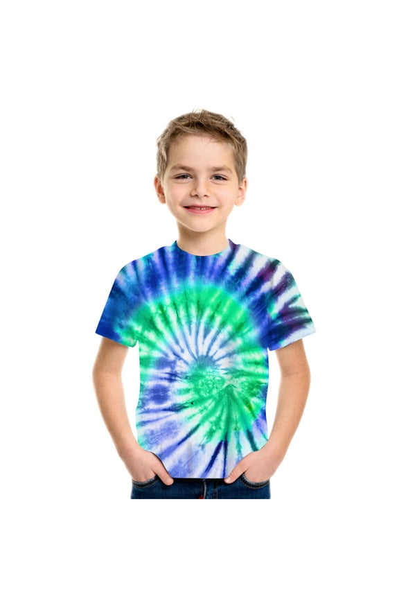 Juniors Boys Shirts & Tops Summer Tie Dye Print Round Neck Short Sleeve Casual Pullover Tops Streetwear,,9-12 Years
