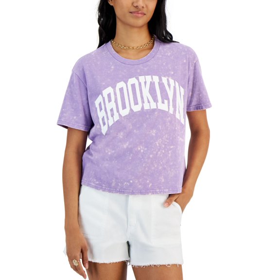 Juniors' Brooklyn Mineral-Wash Cropped Graphic T-Shirt Lavender L