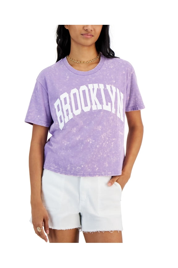 Juniors' Brooklyn Mineral-Wash Cropped Graphic T-Shirt Lavender L