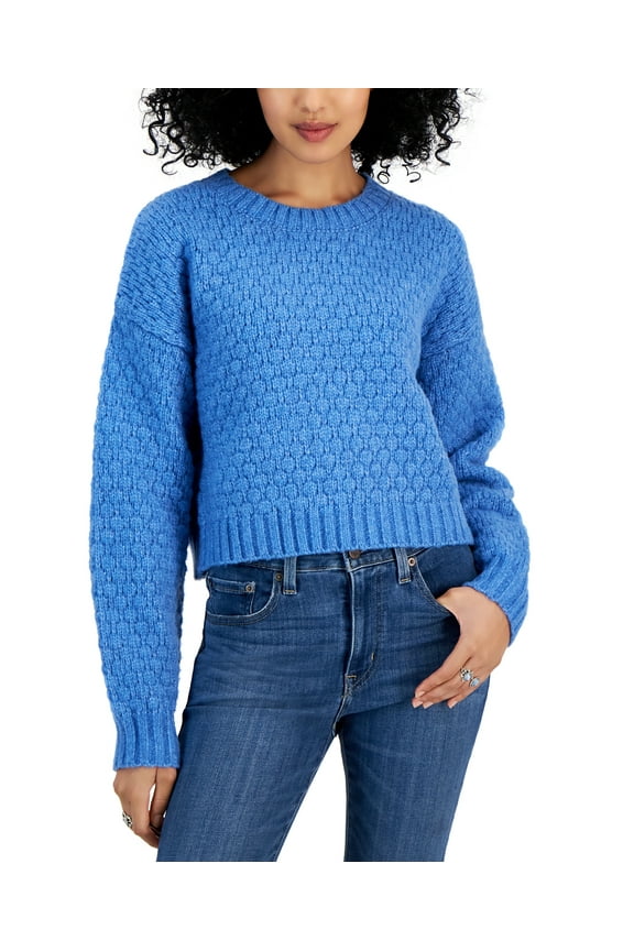 Juniors' Bubble-Knit Crewneck Sweater Holiday Blue S