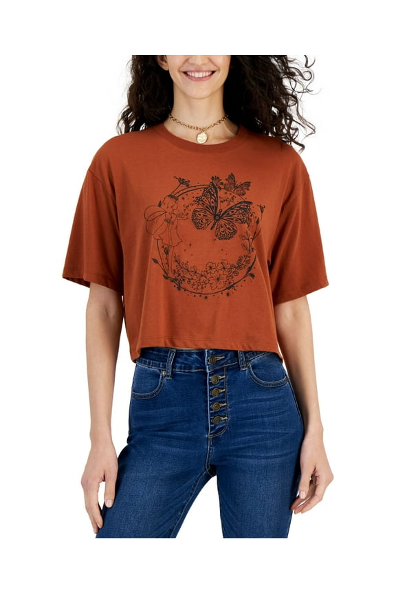 Juniors' Butterfly Celestial Boxy Cropped T-Shirt Gingerbread XS