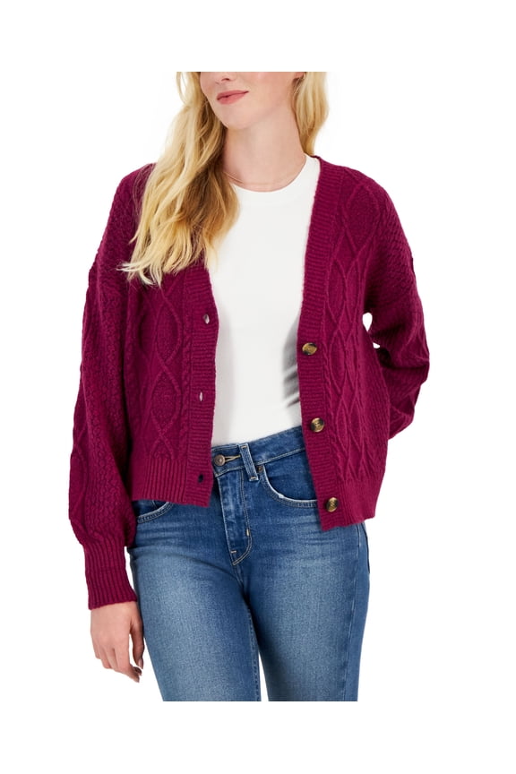 Juniors' Cable-Knit Cardigan Sweater Raspberry Wine L