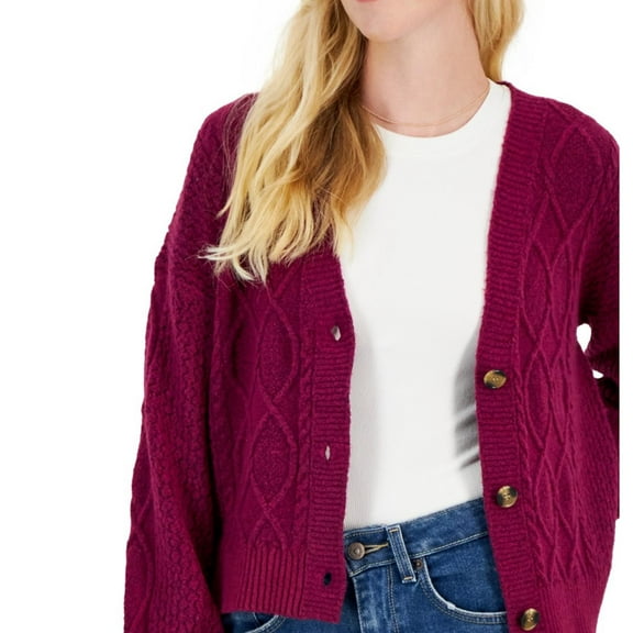 Juniors' Cable-Knit Cardigan Sweater Raspberry Wine XL
