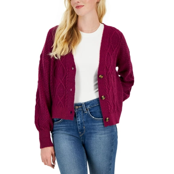 Juniors' Cable-Knit Cardigan Sweater Raspberry Wine XS