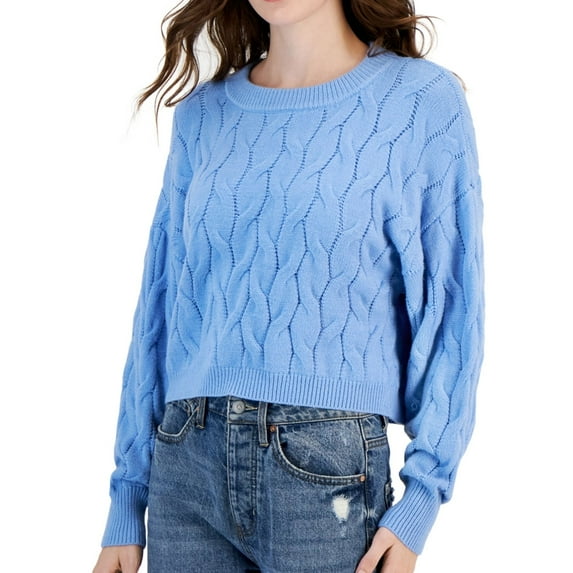 Pink Rose Womens Cable-Knit Cropped Crewneck Pullover Sweater, Blue, Large