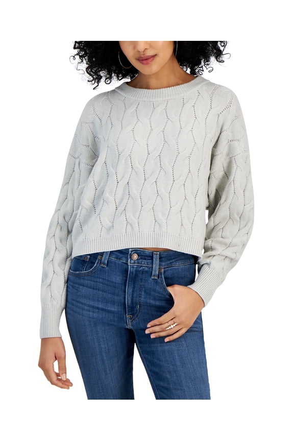 Juniors' Cable-Knit Cropped Crewneck Sweater White Heather Grey L
