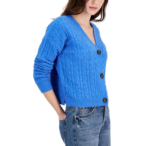 Juniors' Cable-Knit V-Neck Cardigan Blue Frost L