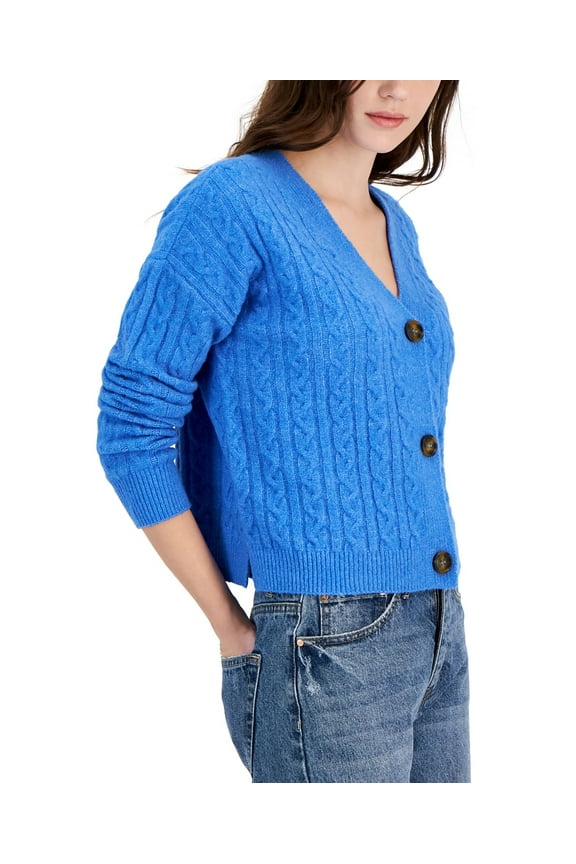 Juniors' Cable-Knit V-Neck Cardigan Blue Frost L