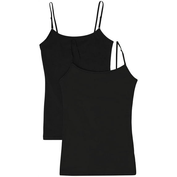 Juniors Camisole Built-in Shelf Bra Adjustable Spaghetti Straps Tank Top (2 Pk- Black / Black, Small)