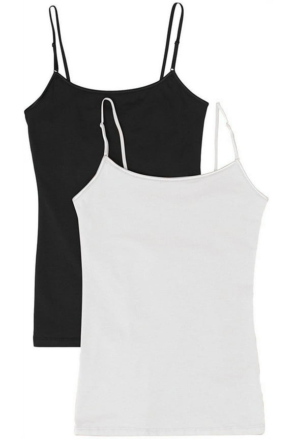 Juniors Camisole Built-in Shelf Bra Adjustable Spaghetti Straps Tank Top (2 Pk- Black / White, Large)