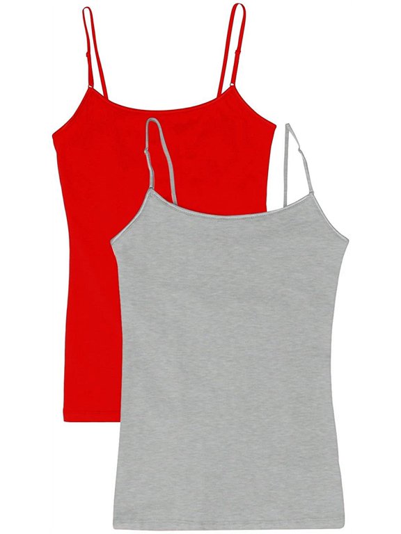Juniors Camisole Built-in Shelf Bra Adjustable Spaghetti Straps Tank Top (2 Pk- Heather Grey / Red, Large)