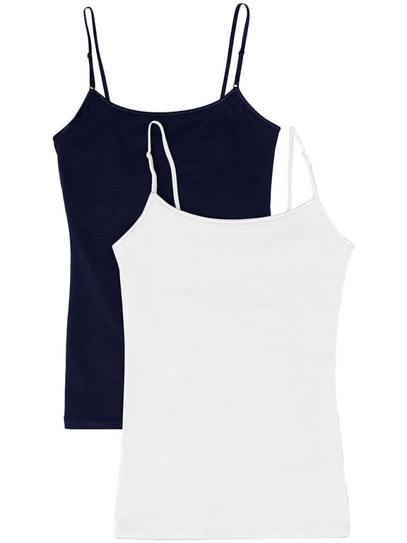 Juniors Camisole Built-in Shelf Bra Adjustable Spaghetti Straps Tank Top (2 Pk- Navy / White, Medium)