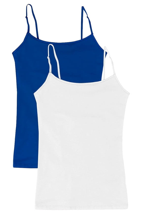 Juniors Camisole Built-in Shelf Bra Adjustable Spaghetti Straps Tank Top (2 Pk- Royal Blue / White, Large)