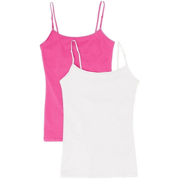Juniors Camisole Built-in Shelf Bra Adjustable Spaghetti Straps Tank Top (2 Pk- White / Fuschia, Medium)