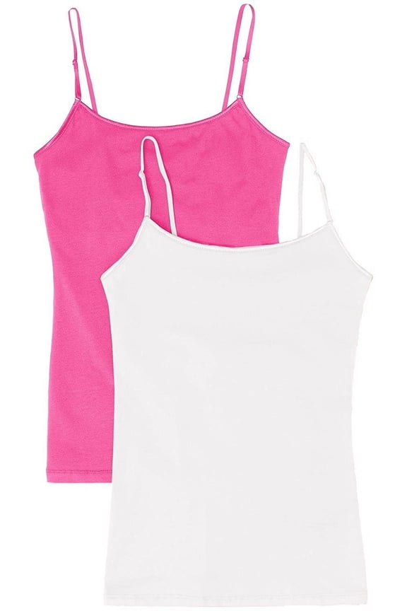 Juniors Camisole Built-in Shelf Bra Adjustable Spaghetti Straps Tank Top (2 Pk- White / Fuschia, Small)