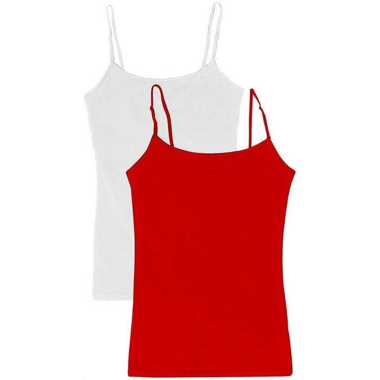 Juniors Camisole Built-in Shelf Bra Adjustable Spaghetti Straps Tank Top (2  Pk- White / Red, Small)