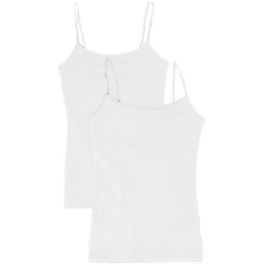 Juniors Camisole Built-in Shelf Bra Adjustable Spaghetti Straps Tank Top (2 Pk- White / White, Small)