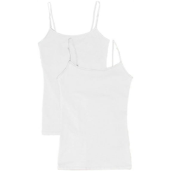 Juniors Camisole Built-in Shelf Bra Adjustable Spaghetti Straps Tank Top (2 Pk- White / White, Small)