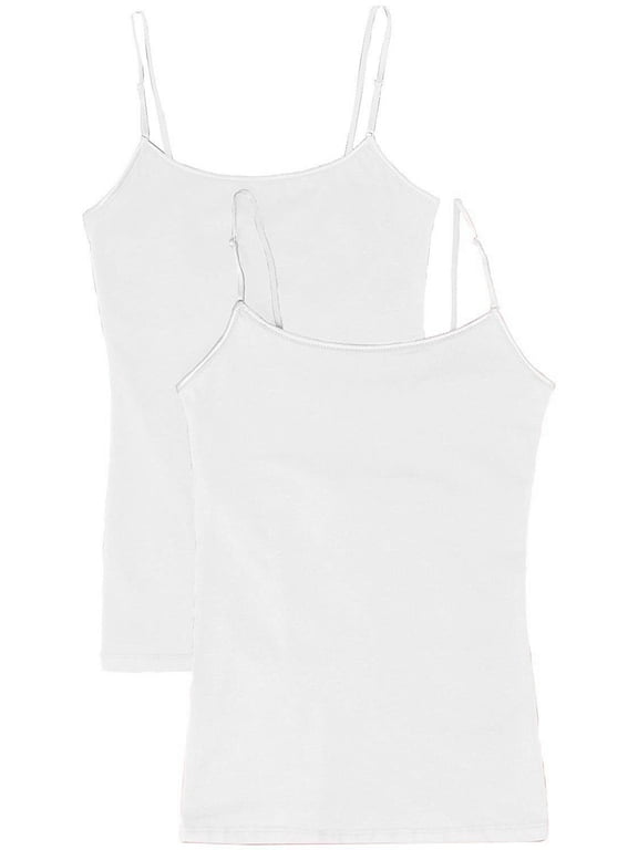 Juniors Camisole Built-in Shelf Bra Adjustable Spaghetti Straps Tank Top (2 Pk- White / White, Small)