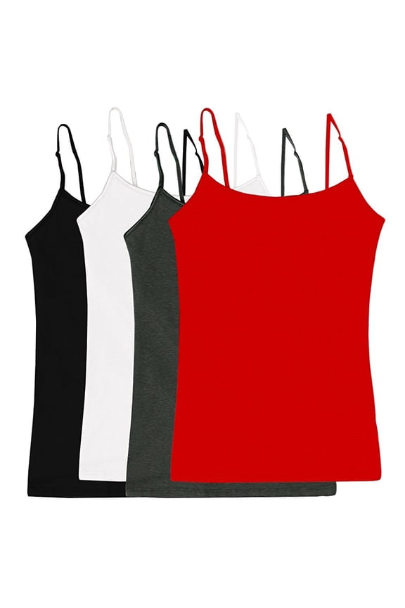 Juniors Camisole Built-in Shelf Bra Adjustable Spaghetti Straps Tank Top (4 Pk- Black / White / Charcoal / Red, Medium)