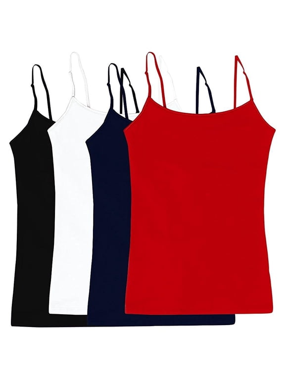 Juniors Camisole Built-in Shelf Bra Adjustable Spaghetti Straps Tank Top (4 Pk- Black / White / Red / Navy, Large)