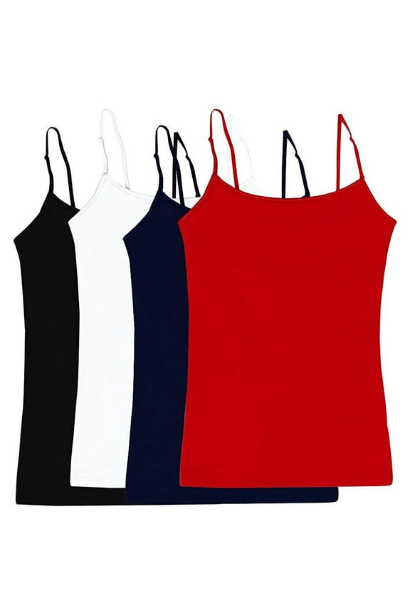 Juniors Camisole Built-in Shelf Bra Adjustable Spaghetti Straps Tank Top (4 Pk- Black / White / Red / Navy, Large)