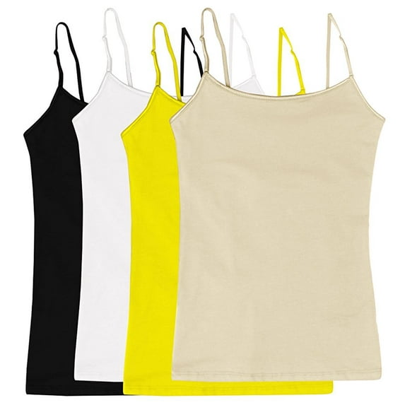 Juniors Camisole Built-in Shelf Bra Adjustable Spaghetti Straps Tank Top (4 Pk- Yellow / White / Black / Taupe, Large)