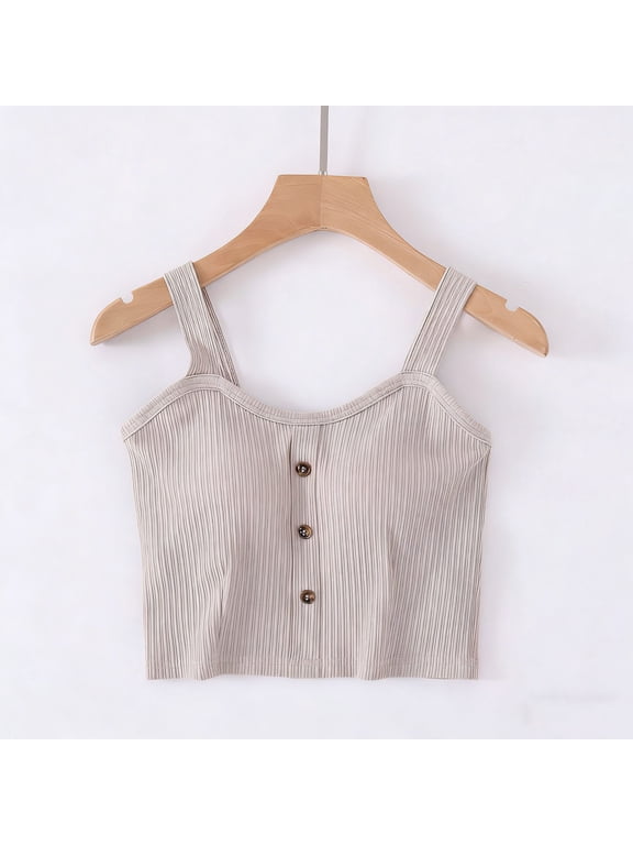 Juniors Camisoles with Built-In-Bra,Y2K Standard Straps Cropped Tank Top,Sleeveless Comfy Cotton Shirts with Buttons