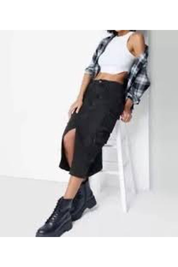 Juniors Cargo Front Slit Denim Black Skirts